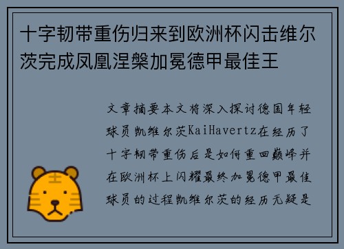 十字韧带重伤归来到欧洲杯闪击维尔茨完成凤凰涅槃加冕德甲最佳王